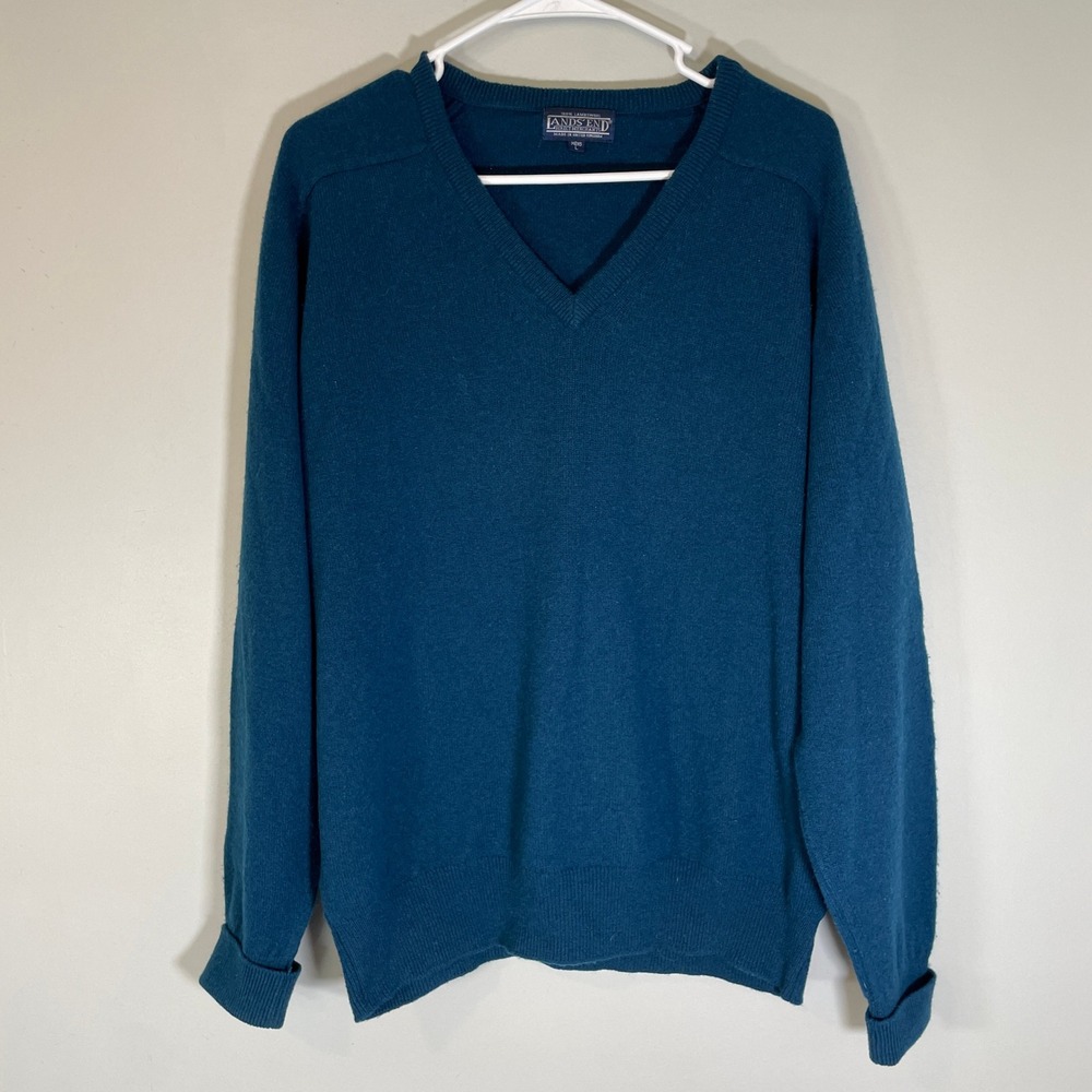 VTG Lands End Mens Dark Teal Blue Lambswool V-Neck Sweater Size L Pullover UK